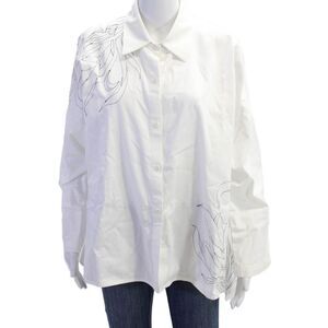 Asiatica Womens Cotton Embroidered Long Sleeve Oversized Blouse White Size L